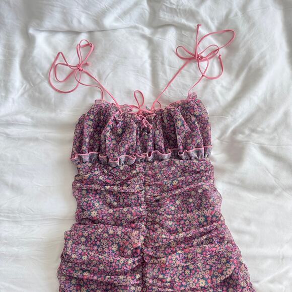 For Love & Lemons Nadia Floral Sheer Slip Mini Dress Pink Women’s L - Picture 3 of 7